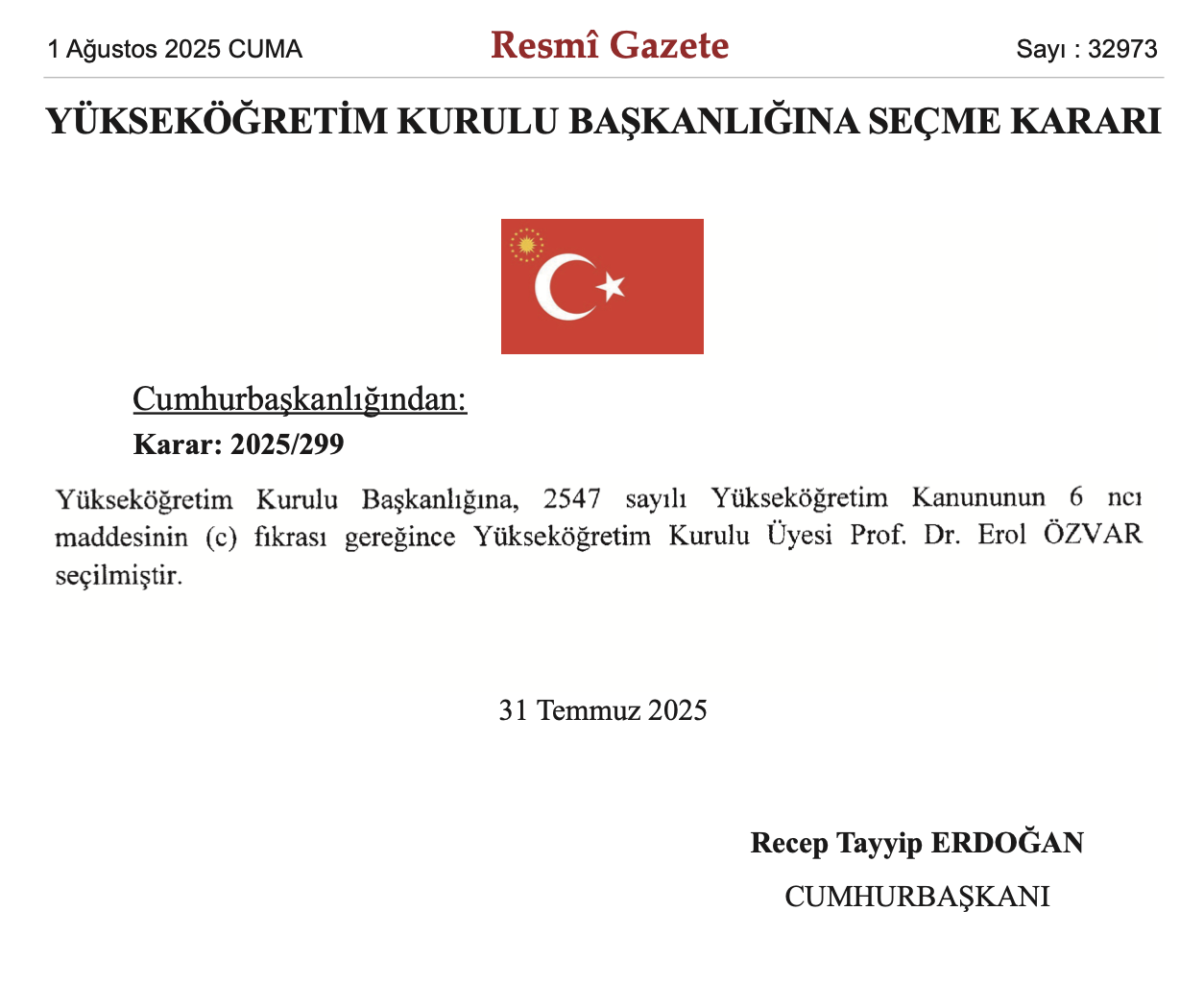 Prof. Dr. Erol Özvar Yeniden YÖK Başkanlığına Getirildi